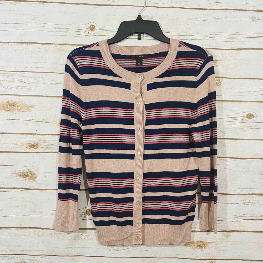 Halogen women's multicolor striped button front round neck long sleeve‎ dress S